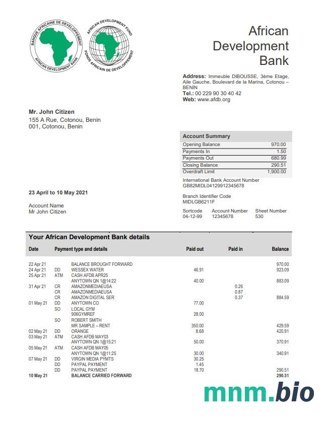 Benin African Development Bank statement xls